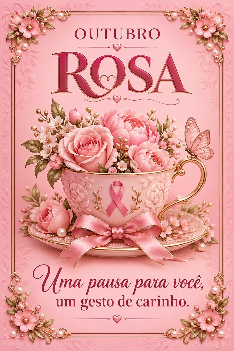Cartão Outubro Rosa com xícara rosa decorada com laço de conscientização e cheia de flores